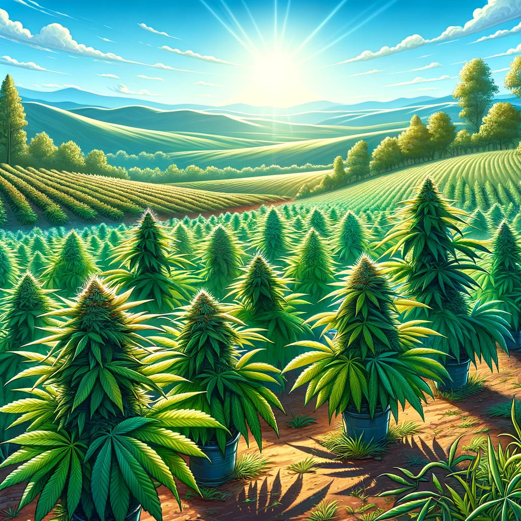 DALL_E_2024-02-24_10.34.32_-_Illustrate_a_vibrant_sunlit_outdoor_cannabis_farm_located_on_a_gently_sloping_hill._The_scene_should_be_filled_with_rows_of_lush_green_cannabis_plan_02f6bf06-a511-48d4-a4e1-cd1038a85f20.webp