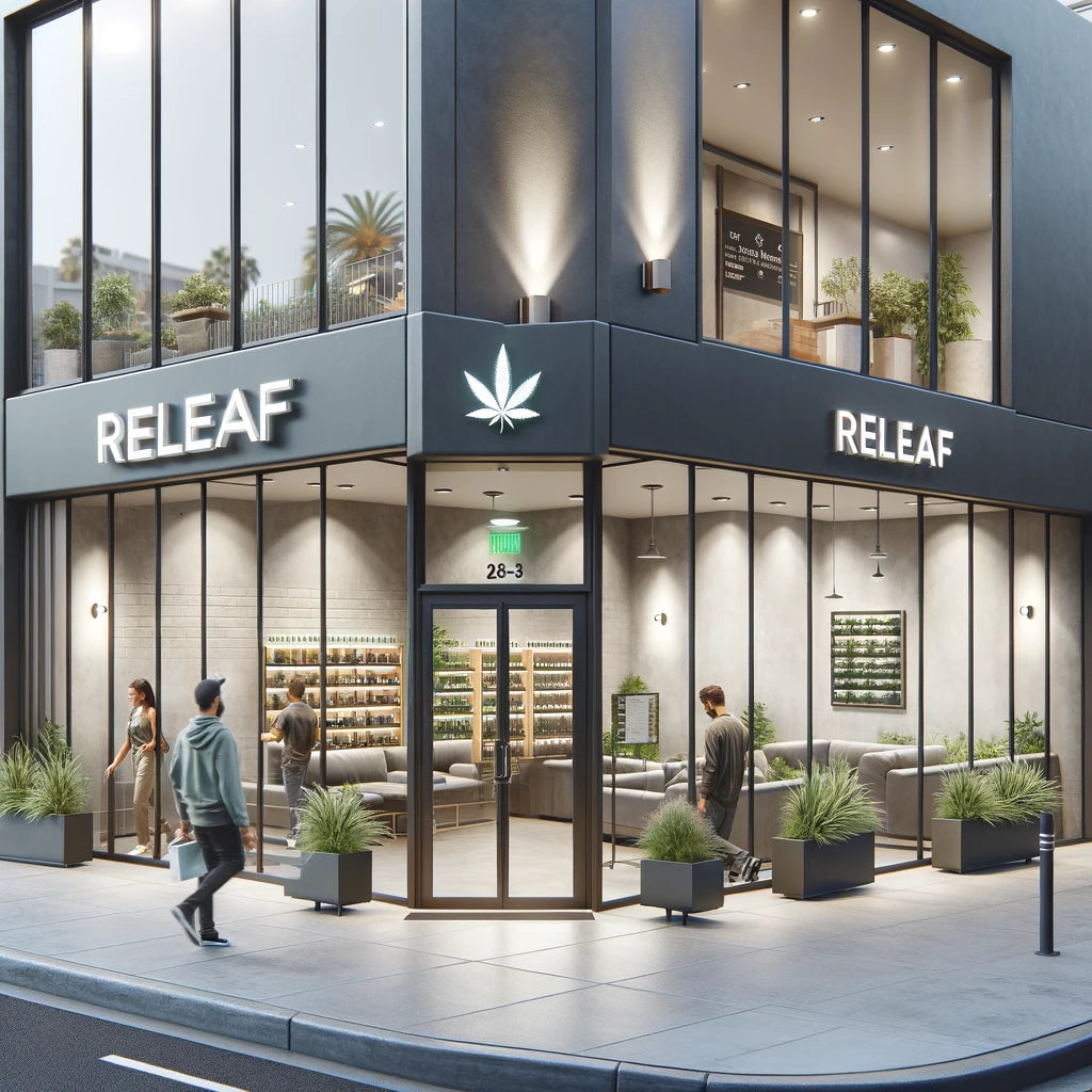 DALL_E_2024-02-25_16.53.02_-_A_modern_welcoming_facade_of_a_cannabis_dispensary_captured_during_the_day._The_exterior_features_clean_contemporary_architecture_with_large_trans.webp