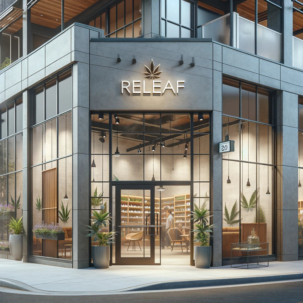 DALL_E_2024-02-25_16.53.05_-_A_modern_welcoming_facade_of_a_cannabis_dispensary_captured_during_the_day._The_exterior_features_clean_contemporary_architecture_with_large_trans.webp